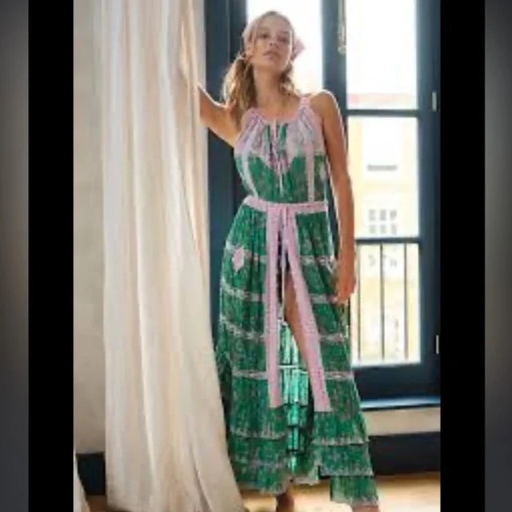 Free People Dolly Printed Bodysuit Maxi Green Pink Lace M NWT